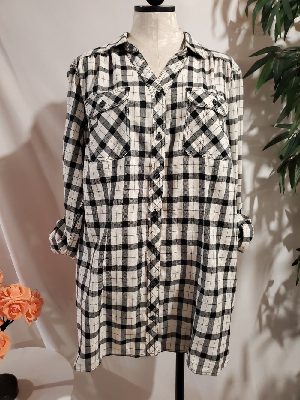 Duluth Womens Crosscut Wicking Flannel Shirt Size XL Black White Pockets Chore